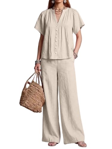 Ensemble en lin femme col en V anti-chaleur avec pantalon fluide jambes larges