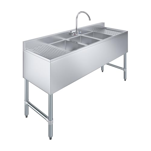 Image of AmGood One Compartment Stainless Steel Under bar Sink (Sink Size: 60 inchx19 inch, Three Bowl + Faucet + 2 Drainboards)