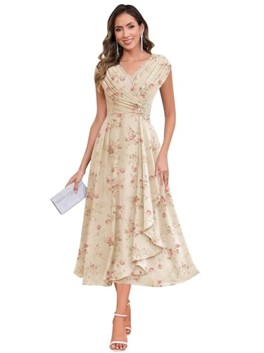 Image of BOLENSYE Modest Grandmother of The Bride Dresses with Sleeves Tea Length Mother of The Bride Dress Floral Champagne Size8