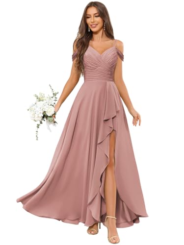 Women's Off The Shoulder Bridesmaid Dress with Slit Ruffle Chiffon Long Formal Wedding Guest Dress Evening Gown4