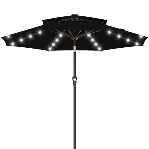 Image of AreShark 9ft 2 Tiers Patio Umbrella with Solar Lights, Outdoor Umbrella w / 32 LED Lights&8 Sturdy Ribs, Table Umbrella for Deck, Backyard, Pool(Black)