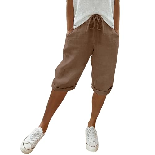 CEWIFO Pantalones anchos mujer algodón moda mujer sólido bolsillo grande elástico casual pantalones capri pantalones deportivos, café, S