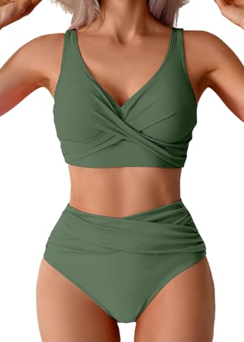 Sangdut Badeanzug Damen Set Push up High Waist Sexy Triangel Breites Unterbrustband Mit Cups Zweiteiliger Badeanzug Swimsuits(Grün,L)
