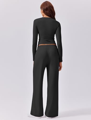 PINSPARK Women 2 Piece Lounge Set Long Sleeve Cropped Top Wide Leg Pants with Pockets 2024 Fall Outfits Matching Tracksuit2