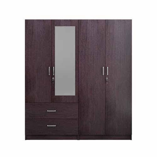 Image of VIKI Wardrobe |Wooden Almirah for 4 Door 2 Drawer with Shelves & Hanging Space Mirror Wardrobe (Dark Wenge - 40D x 160W x 180.8H) | 1 Year Warranty | Free Assembly