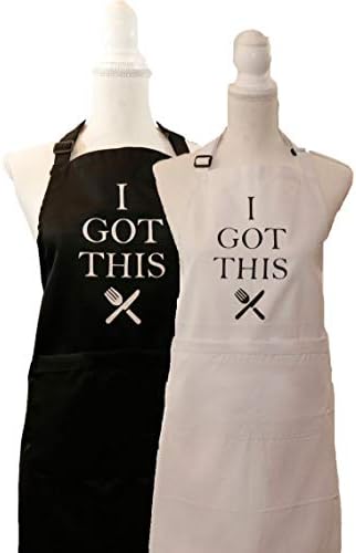 MeAnWe Wares Adjustable Kitchen Apron with Pockets, I Got This, Engagement or Bridal Shower, Weddings, Cooking, Black and White Bundle, 2 Pcs