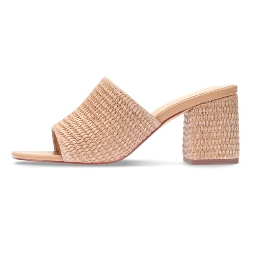 Image of Monrovia Raffia Heeled Sandals for Women, Square Open Toe Mule Heels Block Heel Slip On Sandals Casual Dressy Summer Shoes, Brown, 5 UK
