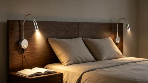 Image of 2-Pack Sleek Silver Bed Reading Light Wall Mount Lamp, 25 Focused Beam 3000K Warm White Adjust Neck Lamp, Polished Finish & Sand Silver Base, 4.92ft Plug-in, AC 85-265V