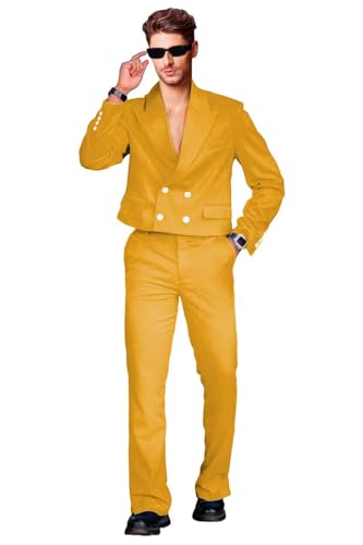 Casual Mens Suit Fashion 2 Piece Suits for Men Regular Fit Double Breasted Tuxedo Peak Lapel 4 Button Short Blazer Pants