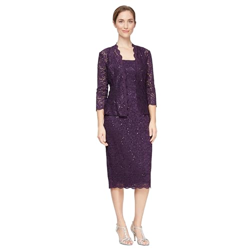 Image of S.L. Fashions Women's Tea Length Sequin Lace Mother of The Bride Dress with Illusion Sleeve Jacket