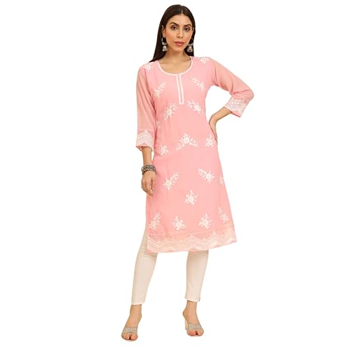 Image of Women's Chikankari-Lucknowi Embroidered Work | 3 /4 Sleeve | Knee Length | Round Neck | Georgette Fabric | Straight Kurta