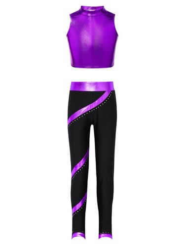 easyforever Kids Girls Sport Outfits Mock Neck Metallic Crop Top With Shiny Striped Pants Jazz Hip-hop Dance Workout Outfits Purple 6 Years