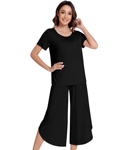 Image of NACHILA Pajamas Set for Women Short Sleeve Sleepwear with Capri Pants Cool Pjs Soft Loungewear,Viscose Made from Bamboo