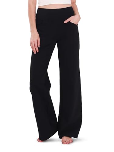 Houmous Wide Leg Pants Women Cotton Yoga Pant High Waist Loose Lounge Stretch Trousers with Pockets, 30 Inseam, Black, L
