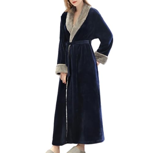 mophrati Para Bata larga gruesa Albornoz de longitud completa Spa de belleza Camisón cálido de invierno Ropa de dormir agradable a la piel Ropa transpirable, Azul marino, M