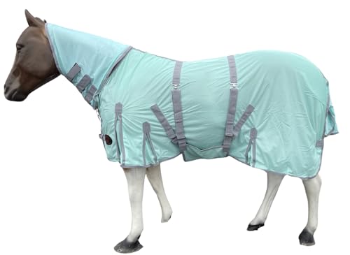 Image of Heavy Duty Horse Fly Sheet with Neck and Detachable Belly Band | Summer Sheet (80, Pastel-Green-Grey-Trim)