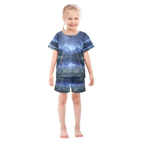 ALAZA Night View Mountain Starry Pajamas Set Short Sleeve Cotton Sleepwear Summer Pjs 2 Piece 5-14Y3