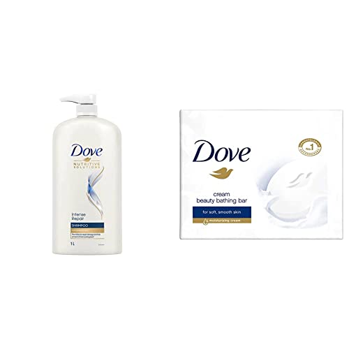 Image of Dove Intense Repair Shampoo, 1L & Dove Cream Beauty Bathing Bar, 100g (Pack of 3)