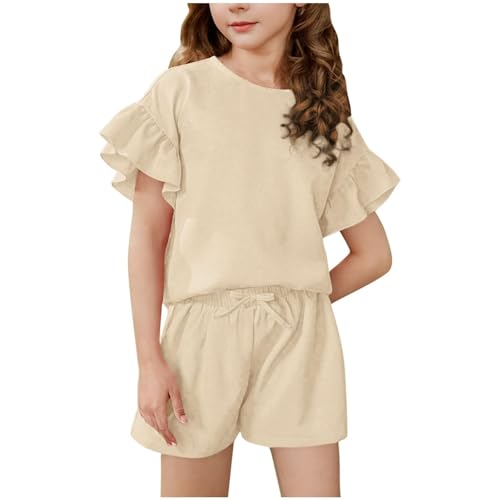 Girls Summer Outfits 2 Piece Solid Color Sets Ruffle Sleeve Top and Elastic Waist Shorts Lightweight Casual Activewear