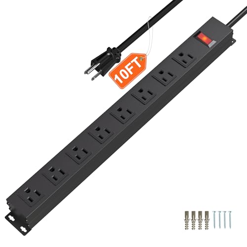 Image of 8 Outlet Metal Power Strip 10ft,Workshop Heavy Duty Power Strip Wide Spaced with Long Cord for Kitchen,Office,School,Commercial,Industrial,1825W /125V /15A,Black (10FT)