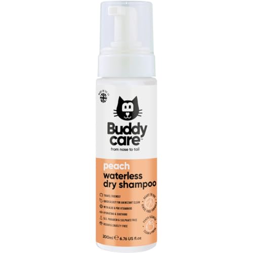 Buddycare Shampoo secco senza risciacquo per gatto alla pesca | Shampoo detergente profondo per gatti | Fragranza fresca | con Aloe Vera e Pro-Vitamina B5 (200ml)