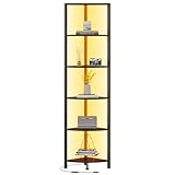 Furnulem 6 Tier Corner Shelf with LED Light, 67.5” Tall Standing Shelf Organizer, Black Narrow Bookshelf with Storage Rack for Wall Corner, Living Room, Bedroom, Metal Frame, Wood Display Shelf