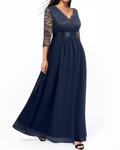 Image of Pinup Fashion Wedding Dresses for Bride Plus Size - Formal Evening Gown Wrap Neck Lace Chiffon Long Dress