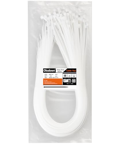Oksdown 100 Pack White Thick Cable Ties Heavy Duty Large 600mm×4.8mm Strong Clear Nylon Plastic Self Locking 24 inch/60 cm Extra Long Zip Tie Wraps