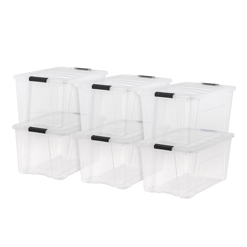 Image of IRIS USA 72 Qt Stackable Plastic Storage Bins with Lids, 6 Pack - BPA-Free, Made in USA - See-Through Organizing Solution, Latches, Durable Nestable Containers, Secure Pull Handle - Clear