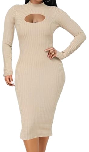 Image of Oxgmoky Women's Church Long Sleeve Sweater Dress Ribbed Bodycon Midi Work | Soft ribbed knit bodycon midi sweater dress with sleeveless cut and round neck for church, work and dinners