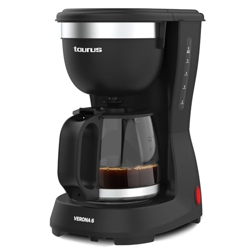 Taurus - Cafetera de Goteo Verona 6 | 600W | 600ml | Intense Flavour Tech | Placa Calefactora | Filtro Permanente Lavable | Jarra Cristal Antigoteo | Diseño Compacto Negro Mate | BPA Free