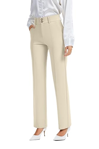 FUNYYZO Dress Pants Women's Stretchy Straight Leg Button Slacks Trousers with Pockets Casual Outfits Beige