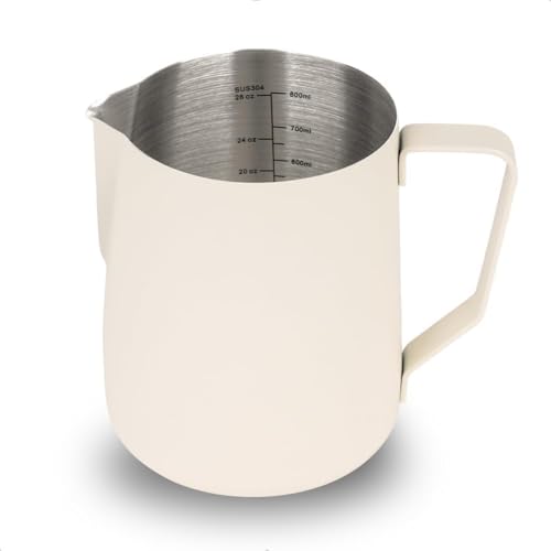 Image of watchget 32oz Milk Frothing Pitcher Stainless Steel Espresso Steaming Jug | Internal Scale, Milk Coffee Cappuccino Latte Art Barista Steam Pitchers,Barista Coffee Bar Accessories, 900ml, Creamy White