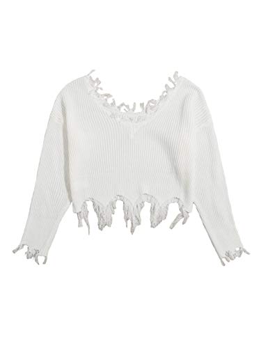 Verdusa Women's Ripped Scoop Neck Long Sleeve Frayed Knitted Pullover Crop Top Sweaters