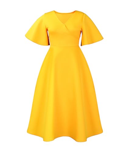 Image of SOMTHRON Women's Wrap V-Neck Ruffle Short Sleeve Midi Dress Elegant A Line Flowy Flared Cocktail Church Dress