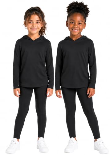 Image of STRETCH IS COMFORT Girls 2 Piece Hoodie Short Sleeve Long Sleeve Crew Neck Top and Leggings Set Kids Thermals Underwear Set