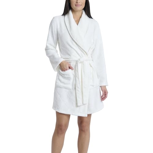 Juicy Couture Damen-Bademantel mit Schalkragen, superweicher Plüsch, Weißes Gitter, S-M