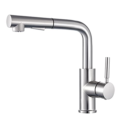 Wasserhahn Küche Hochdruck ausziehbar, Küchenarmatur mit herausziehbarer Spülbrause, Zwei Strahlarten, Einhebel Spültischarmatur 360° Schwenkbar, Küche Mischbatterie aus Messing Gebürstet Cover