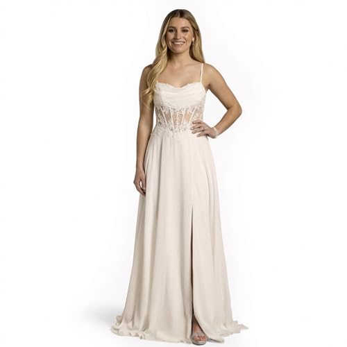 Davids Bridal Chiffon Illusion Lace Bodice A-Line Wedding Dress Womens Size 0 Soft White