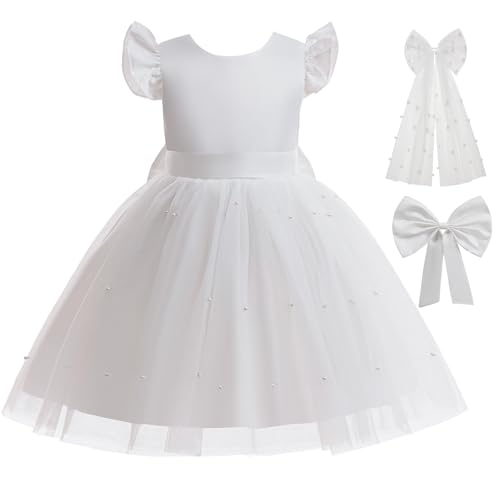 Girl Bowknot Flower Dresses with Headwear Ruffle Tulle Satin Party Birthday Bridesmaid Communion Pageant Prom Gown2