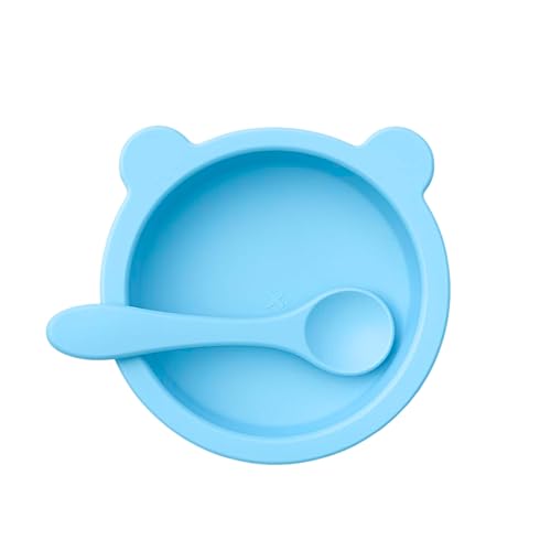 Image of Silicone Baby Feeding Bowl and Spoon Set with Suction Base, BPA-Free, Non-Slip, Safe for Infants and Toddlers Mealtime Blue