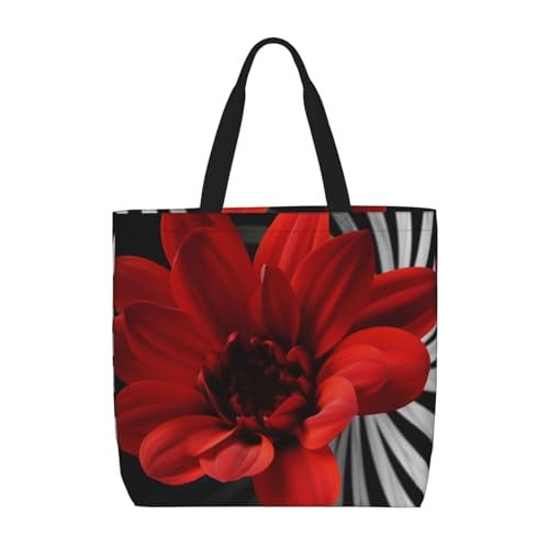 Red Flower Tote Bags for Women Canvas Tote Purse Large Shoulder Bag Aesthetic Shopping Bags Reusable Grocery Bag Hobo Bags Casual Handbags, Top Zipper Closure