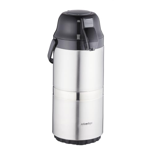 Relaxdays Termo para Café con Dispensador de 3 L, Tapa con Bomba y Pulsador, Oficina, Gastronomía, Plateado y Negro