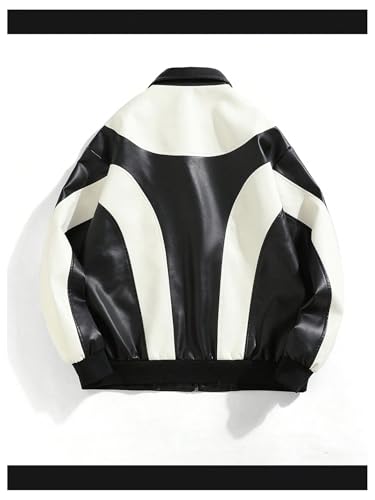 Men's Y2k PU Leather Jacket Color Block Motorcycle Coat Zip Up Long Sleeve Outerwear with Pockets Streetwear2