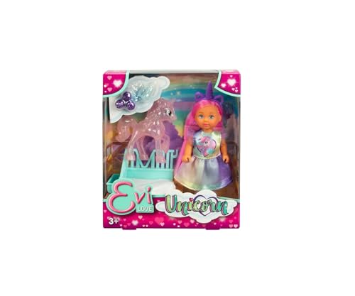 Smoby Evi Love Unicorn, muñeca de Juguete con un Bonito Vestido de Unicornio con Diadema a Juego, Incluye Unicornio con establo, Manzanas y Botella, 12 cm, a Partir de 3 años