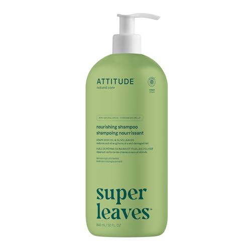 ATTITUDE Nourishing Hair Shampoo, EWG Verified, For Dry and Damaged Hair, Naturally Derived Ingredients, Vegan and Plant Based, Grapeseed Oil and Olive Leaves, 32 Fl Oz