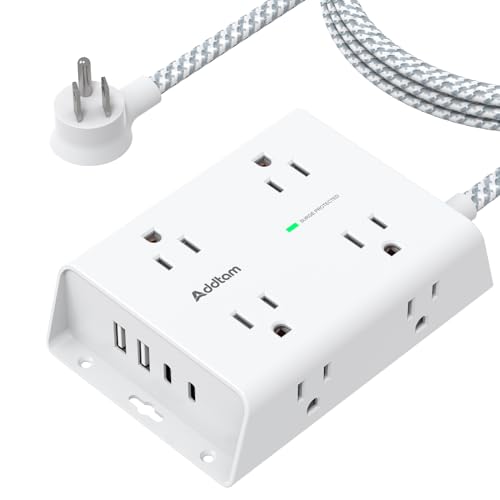 Addtam Surge Protector Power Strip, 8 Widely Outlets with 4 USB Ports (2 USB C), 5ft Extension Cord with Multiple Plug Outlets, 3 Side Outlet Extender, Flat Plug, Wall Mount, ETL, White