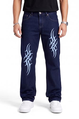 Image of Premium Men's Dark Blue Loose Fit Printed Jeans - Bold Tribal Graphic Streetwear Denim