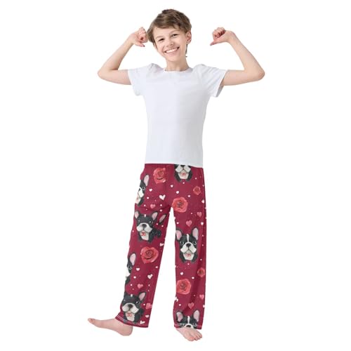 French Bulldog Rose Floral Boys Long Pants Soft Trousers Elastic Waist Kids Lounge Bottoms with Pockets S-XL3