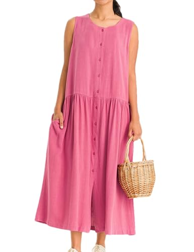 Image of Bozanly Summer Sleeveless Maxi Dress for Women Button Down Midi Dresses with Pockets Solid Color Loose Flowy Beach Dress 2025